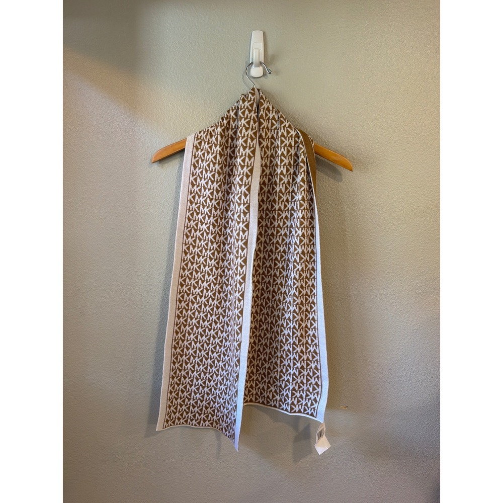 Michael‎ Kors Scarf Womens Dark Camel Cream Monogram Knit Logo Winter Fall NWT